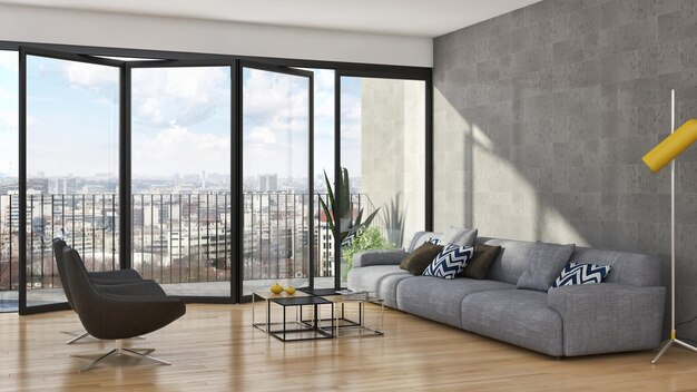Просторный интерьер квартиры с панорамными окнами, создающий атмосферу комфорта и роскоши